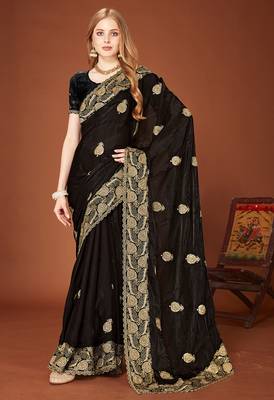 Designer black zari embroidery zarkan work silk saree 1