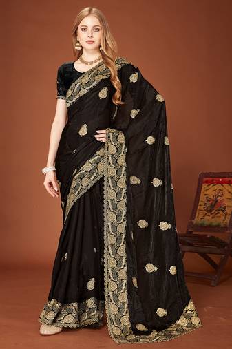 Designer black zari embroidery zarkan work silk saree