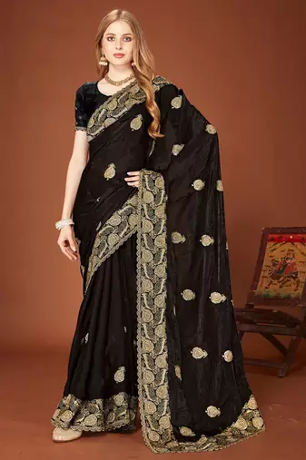 Designer black zari embroidery zarkan work silk saree