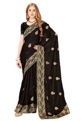 Designer black zari embroidery zarkan work silk saree 3