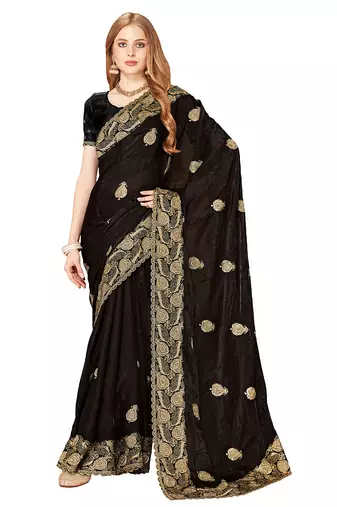 Designer black zari embroidery zarkan work silk saree