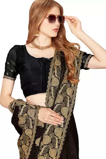 Designer black zari embroidery zarkan work silk saree