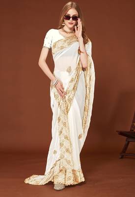 Designer white zari embroidery zarkan work silk saree 1
