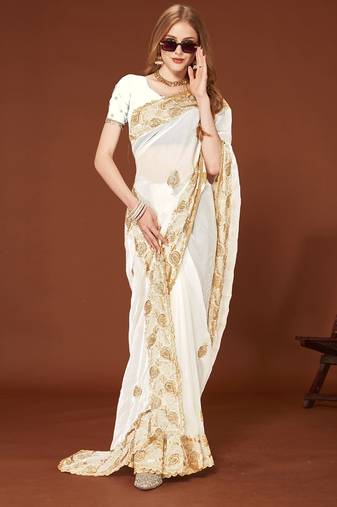 Designer white zari embroidery zarkan work silk saree
