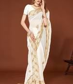 Designer white zari embroidery zarkan work silk saree
