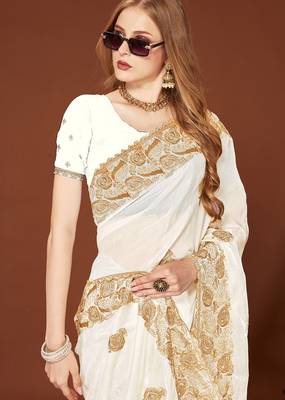 Designer white zari embroidery zarkan work silk saree 2