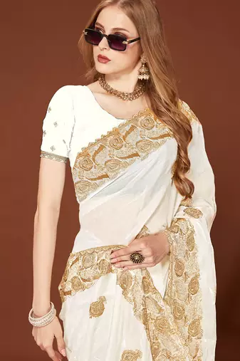 Designer white zari embroidery zarkan work silk saree