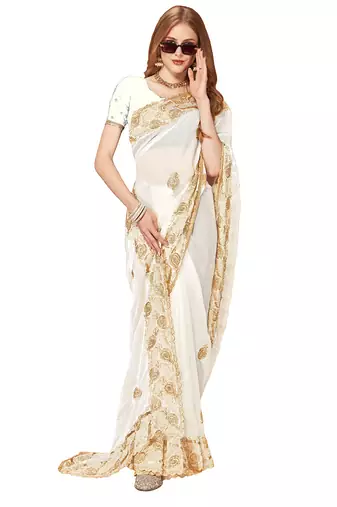 Designer white zari embroidery zarkan work silk saree
