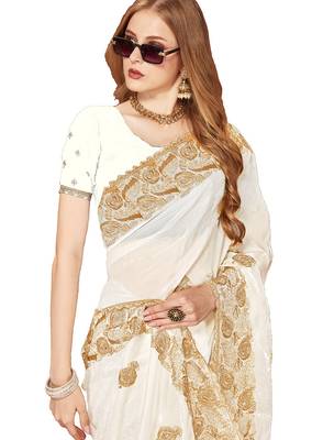 Designer white zari embroidery zarkan work silk saree 4
