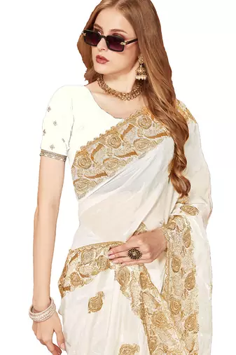 Designer white zari embroidery zarkan work silk saree