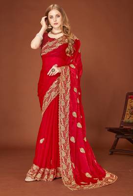 Designer red zari embroidery zarkan work silk saree 1