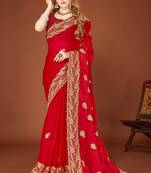 Designer red zari embroidery zarkan work silk saree