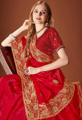 Designer red zari embroidery zarkan work silk saree 2