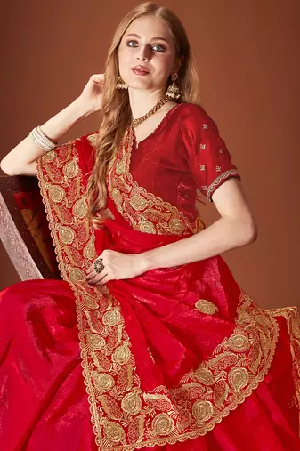 Designer red zari embroidery zarkan work silk saree