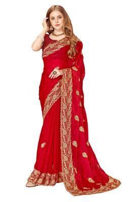 Designer red zari embroidery zarkan work silk saree 3