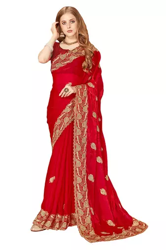 Designer red zari embroidery zarkan work silk saree