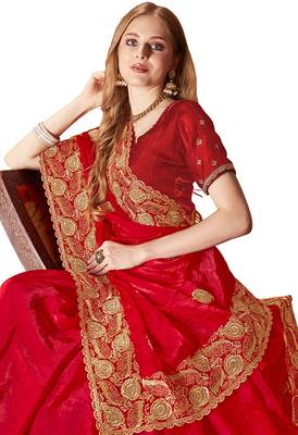 Designer red zari embroidery zarkan work silk saree 4