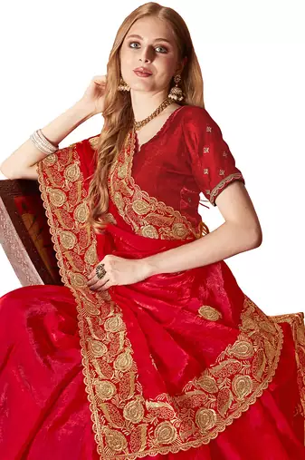 Designer red zari embroidery zarkan work silk saree