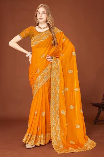 Designer mustard zari embroidery zarkan work silk saree
