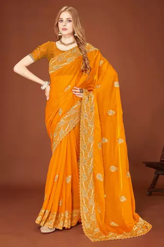 Designer mustard zari embroidery zarkan work silk saree