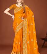 Designer mustard zari embroidery zarkan work silk saree