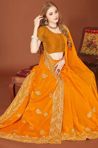 Designer mustard zari embroidery zarkan work silk saree