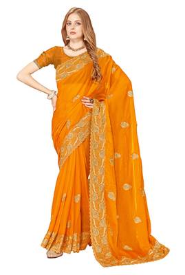 Designer mustard zari embroidery zarkan work silk saree 3