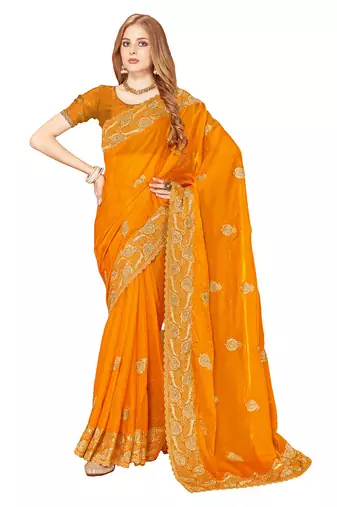 Designer mustard zari embroidery zarkan work silk saree