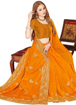 Designer mustard zari embroidery zarkan work silk saree 4