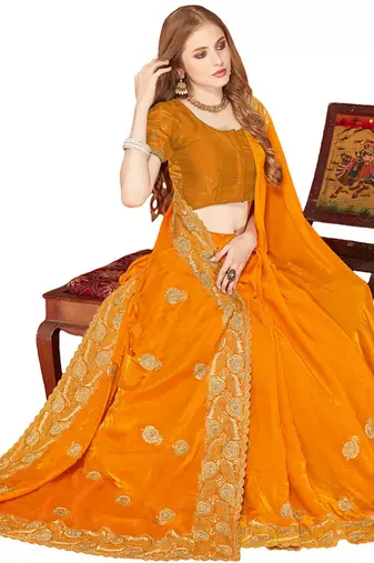 Designer mustard zari embroidery zarkan work silk saree