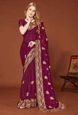 Designer wine zari embroidery zarkan work silk saree 1