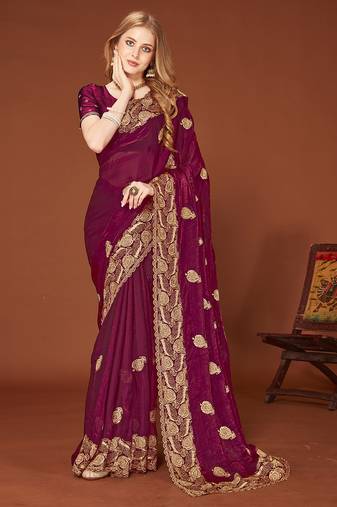 Designer wine zari embroidery zarkan work silk saree
