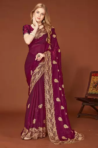 Designer wine zari embroidery zarkan work silk saree