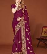 Designer wine zari embroidery zarkan work silk saree
