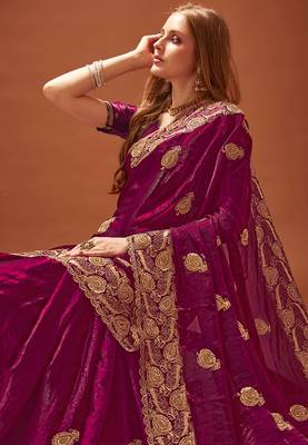 Designer wine zari embroidery zarkan work silk saree 2