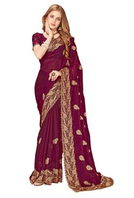 Designer wine zari embroidery zarkan work silk saree 3