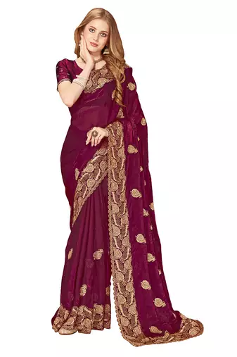 Designer wine zari embroidery zarkan work silk saree