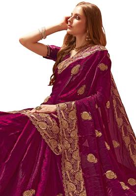 Designer wine zari embroidery zarkan work silk saree 4