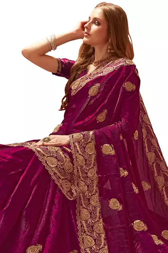 Designer wine zari embroidery zarkan work silk saree