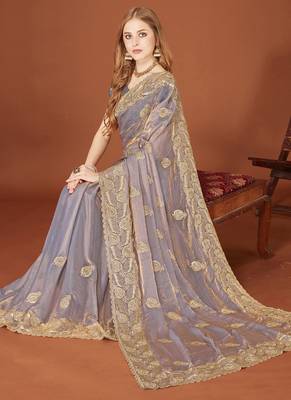 Designer grey zari embroidery zarkan work silk saree 1
