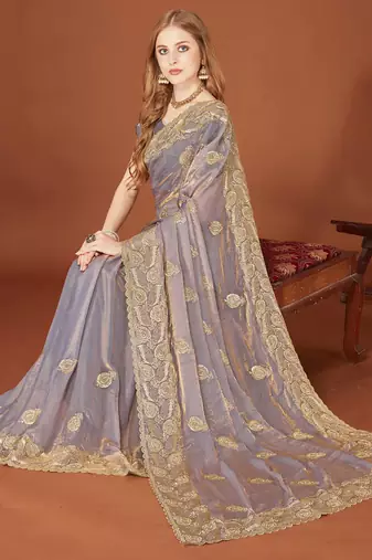 Designer grey zari embroidery zarkan work silk saree