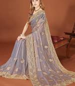 Designer grey zari embroidery zarkan work silk saree