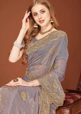 Designer grey zari embroidery zarkan work silk saree 2