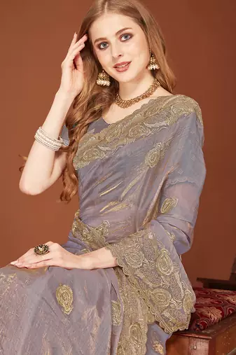 Designer grey zari embroidery zarkan work silk saree