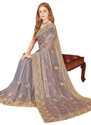 Designer grey zari embroidery zarkan work silk saree 3