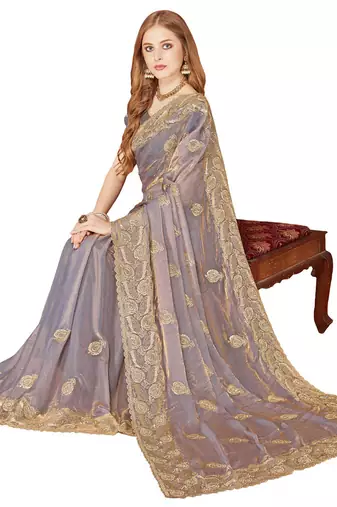 Designer grey zari embroidery zarkan work silk saree