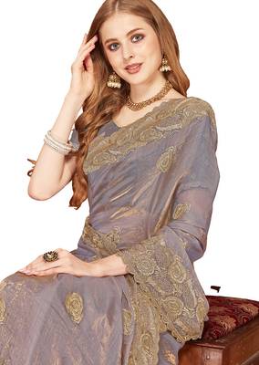 Designer grey zari embroidery zarkan work silk saree 4