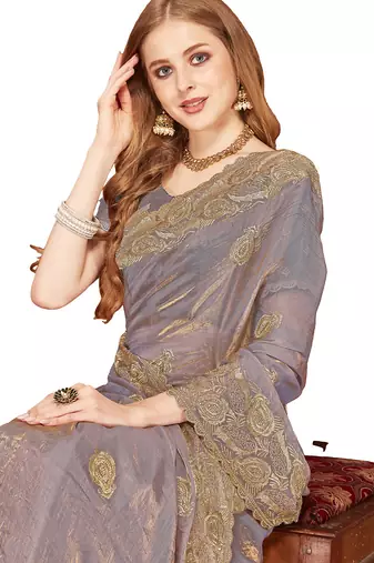 Designer grey zari embroidery zarkan work silk saree