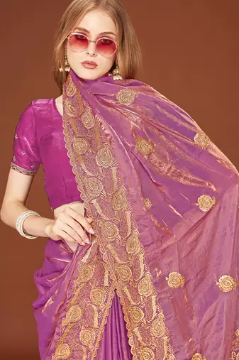 Designer dusty pink zari embroidery zarkan work silk saree