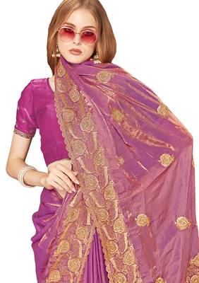 Designer dusty pink zari embroidery zarkan work silk saree 4